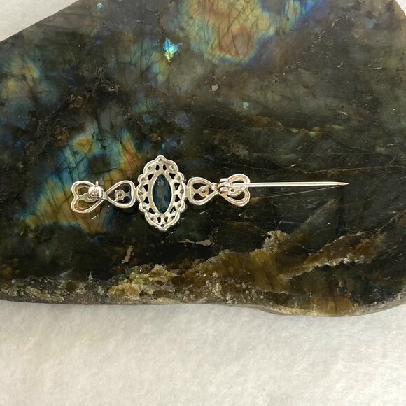 Sterling Silver 925 CJ Marquise Swiss Blue Topaz Cubic Zirconia Heart Bar Brooch - Picture 8 of 16